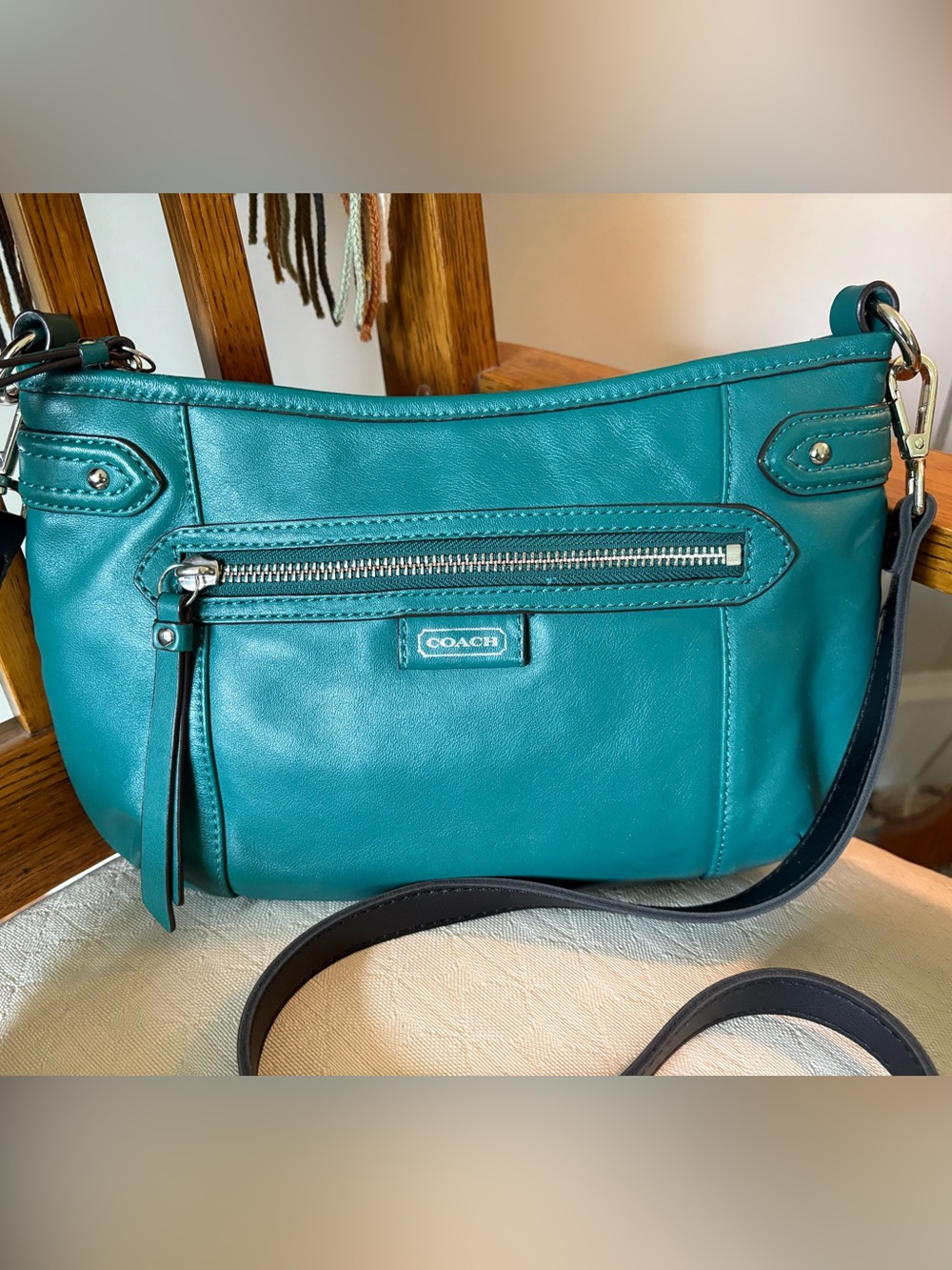 Coach Teal Leather Shoulder Bag with Front Zip (Not Original Shoulder Strap)